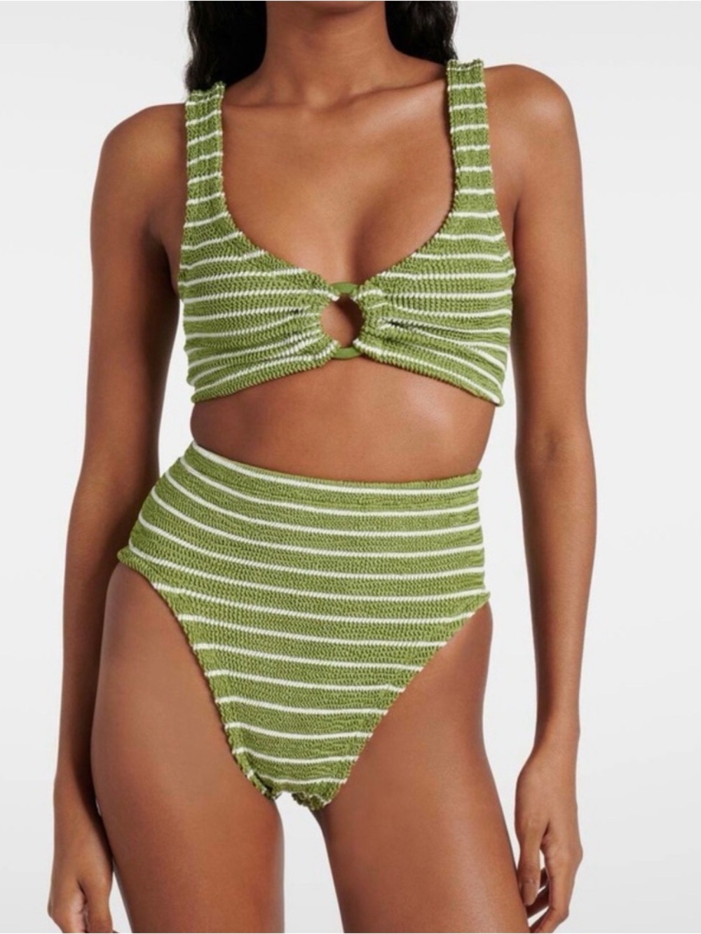 New Hunza G Bikini Set Nadine Metallic Moss Green White Stripe High Waisted Loop